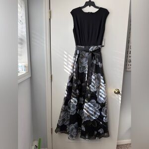 SLNY Black Maxi Dress with Gray Floral Skirt